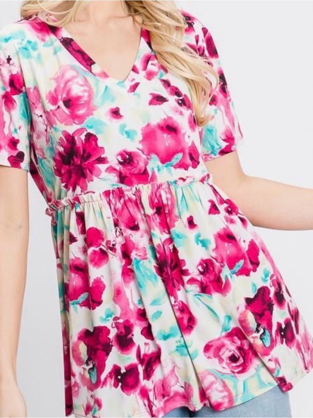 Women's Floral V-Neck Peplum Blouse - Pink Aqua